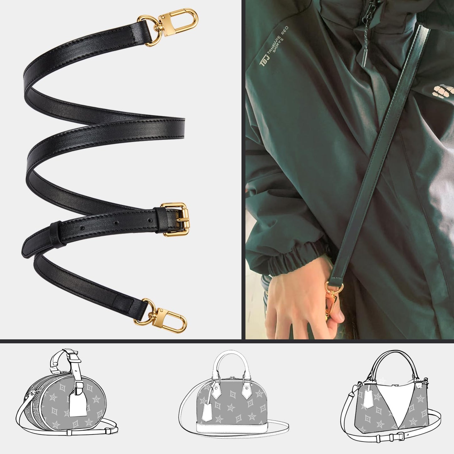 LWMYFZX Genuine Vachetta Leather Crossbody Strap | Adjustable Replacement Shoulder Strap for Handbags, Purses & Clutches (Black)