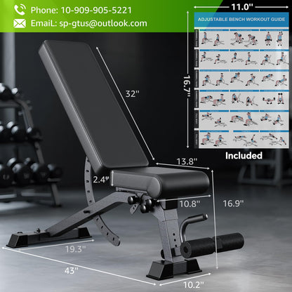 Adjustable Weight Bench with 12x4x4 Positions, 1200LB Heavy Duty Workout Bench for Home Gym, Commercial Incline-Flat-Decline Bench Press for Full Body Fitness, Fully Upright Backrest with 4 Suitable Leg Rest Gears