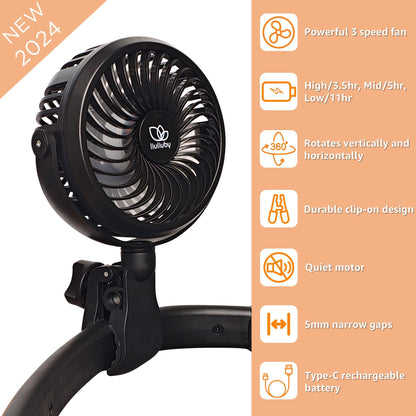 liuliuby Baby Stroller Fan with Clip | Clip On Fan for Baby Car Seat | Portable & Rechargeable with Durable Clamp | Stroller Accessories | Small Cooling USB Chargeable Battery (Jet Black)