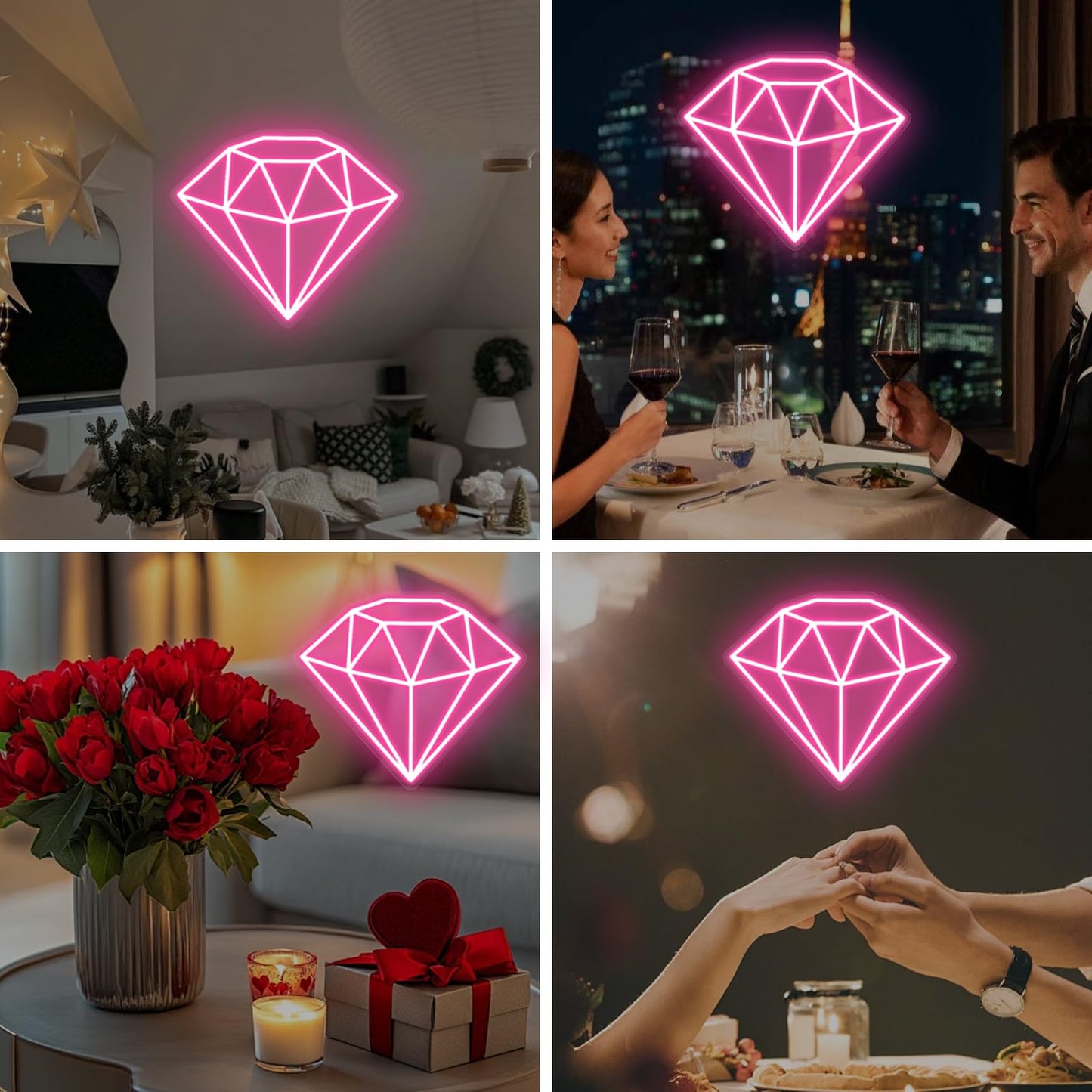 Diamond Neon Sign for Wall Decoration, Glowing Neon Sign, Adjustable Brightness Shining LED Sign Night Light for Man Cave Bedroom, Wedding, Living Room, Party, Bar, Office Decoration-Pink