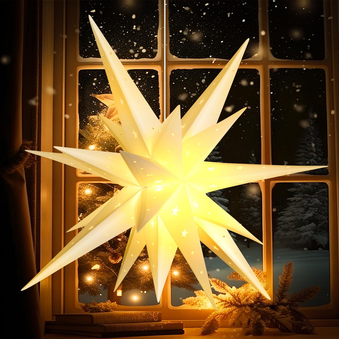 21 Inches White Large Moravian Stars Lights Warm White Hanging Outdoor Christmas Light LED Hanging Star Lights 3D Christmas Tree Topper Star for Holiday Wedding Porch Decor