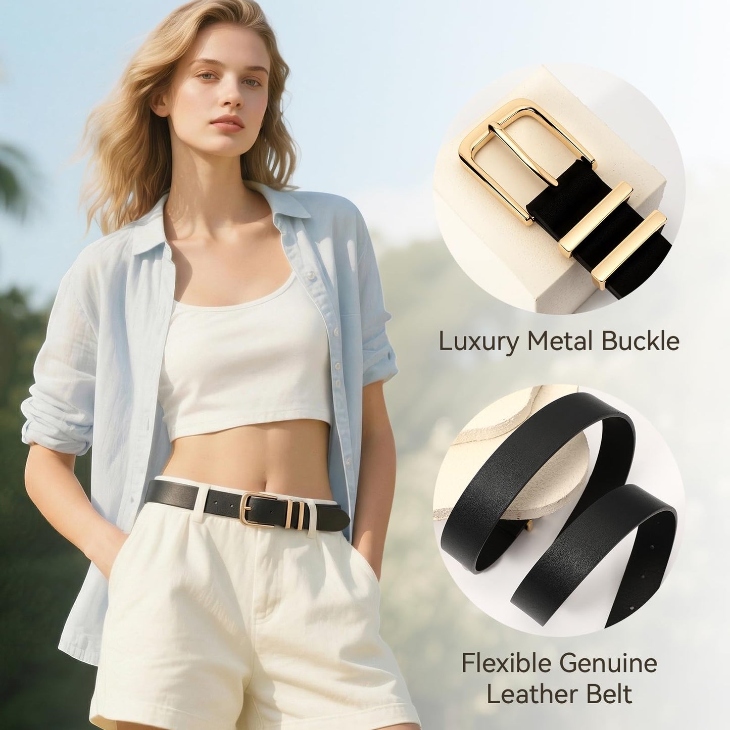 VONMELLI 3 Pack Women's Belts for Jeans Pants Fashion Gold Buckle Ladies Dress Belt, Black+Brown+Coffee S