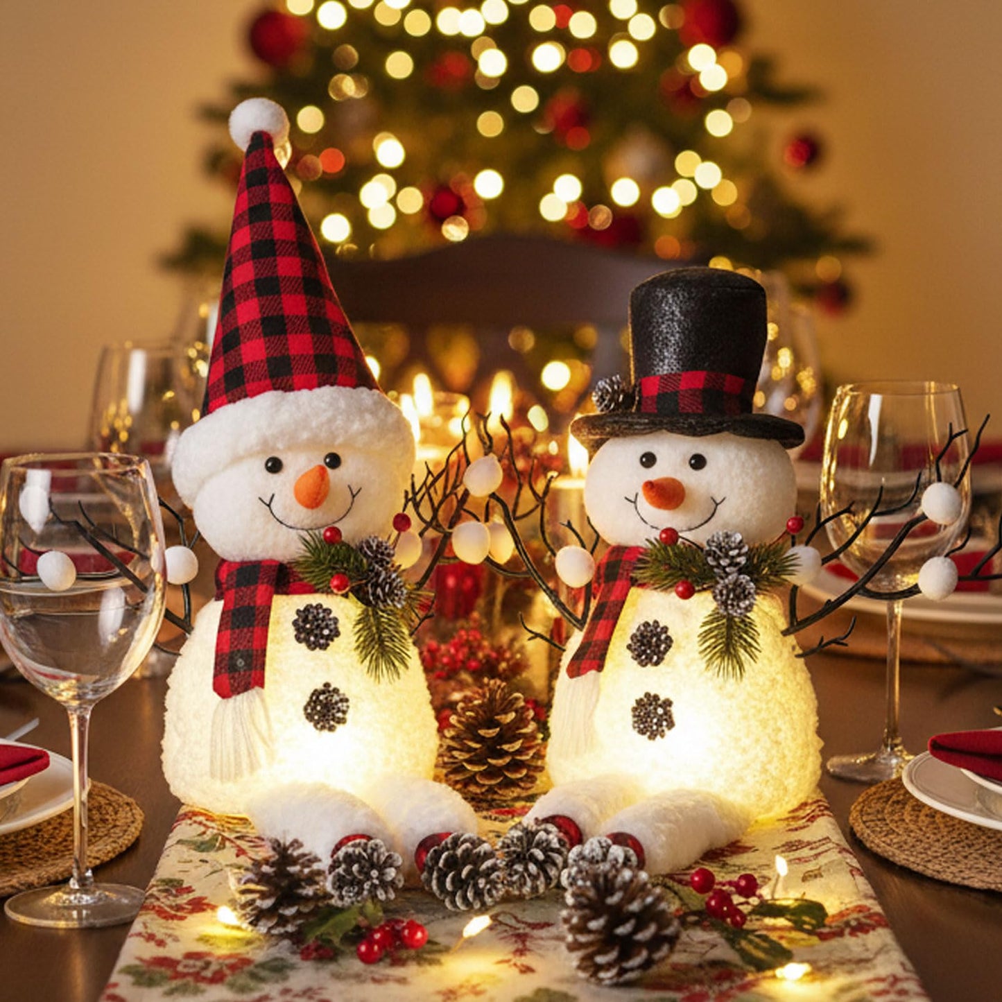 2 Pack Christmas Table Decorations, 18" Lighted Plush Snowmen Christmas Trees with Pine Cone Twigs, Light Up Snowman Holiday Present, Battery Operated Xmas Gifts Tabletop Ornaments (Black and Red)