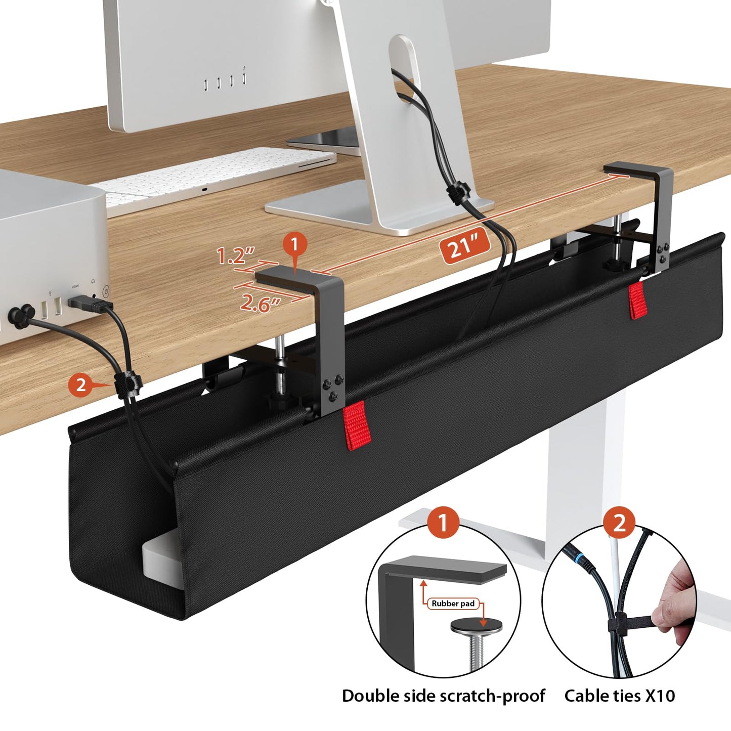 Univivi No Drill Under Desk Cable Management Tray, 36" Cord Organizer for Table, Clamp/Screw Mount Desk Cable Management, Premium Fabric Cable Management Tray for Office, Home