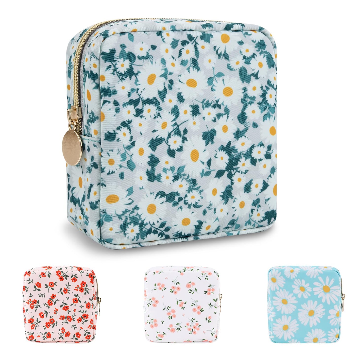 UIXIZQ Waterproof Mini Floral Makeup Bag Pouch for Purse,Nylon Flower Cosmetic Travel Bag Small Preppy Toiletry Organizers Bag for Women Girl,Cute Zipper Pouch Coin Purse for Work(Mini Green-Daisy)