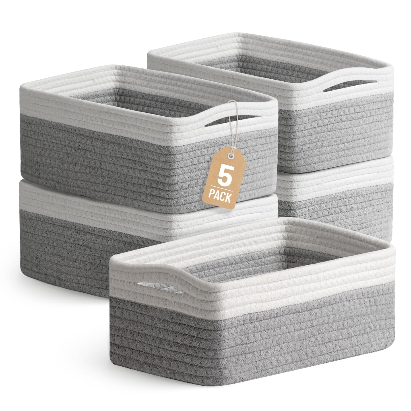 5 Pack Decorative Small Storage Baskets for Shelves, Cotton Rope Woven Basket for Organizing Bathroom, Nursery, Closet, Cabinet, Toys & Socks, Gift Baskets Empty, 11.8"x7.9"x4.7", Gray/White