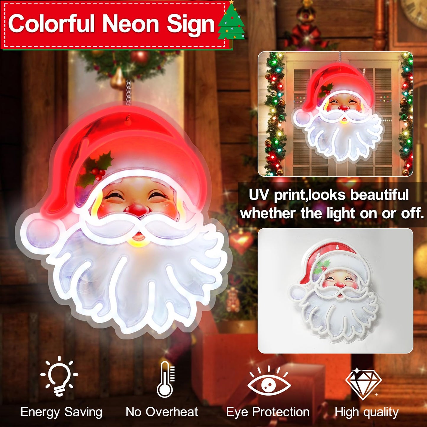 Christmas Window Decorations Lights, LED Santa Claus Acrylic Neon Signs, Cute Room Decor Powered 5V Art Decorative Night Lights Indoor for Christmas Tree, Home, Bedroom, Office,Dorm,Party
