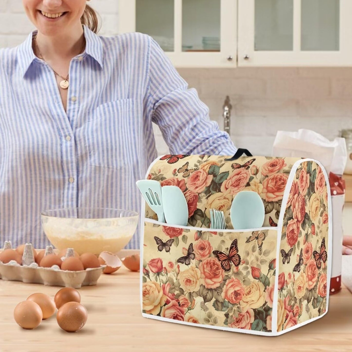 Annejudy Butterfly Roses Pattern Kitchen Aid Mixer Cover, Kitchen Stand Mixer Dust Cover with Handle, Kitchen Aid Covers for Stand Mixer or Coffee Maker With Pocket, Kitchen Aid Mixer Assecories