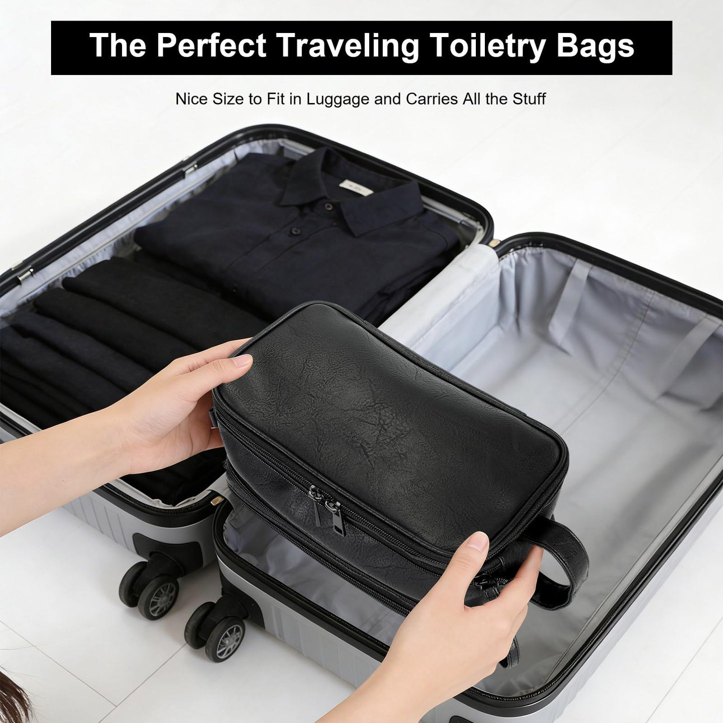 Ezday Toiletry Bag for Men and Women, Travel Essentials Shaving Dopp Kit, Travel Bag Toiletries Organizer Case for Grooming, PU Leather Water Resistant Cosmetic Bag Pouch (Black, Medium)