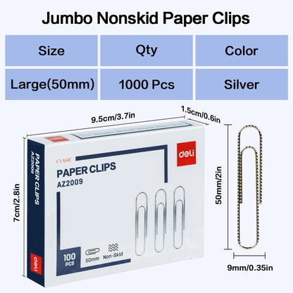 Deli Jumbo Paper Clips Nonskid, 1000 Large Paper Clips, 10 Boxes of 100 Each, Silver