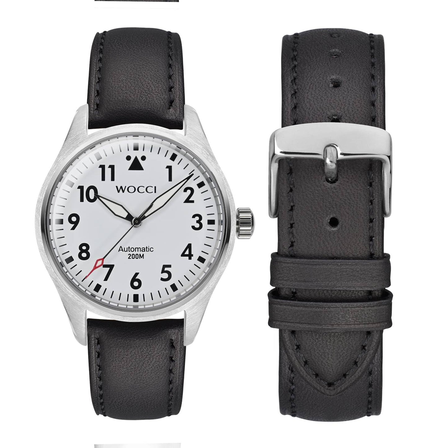 WOCCI 20mm Vintage Leather Watch Band for Men and Women, Silver Buckle (Black)