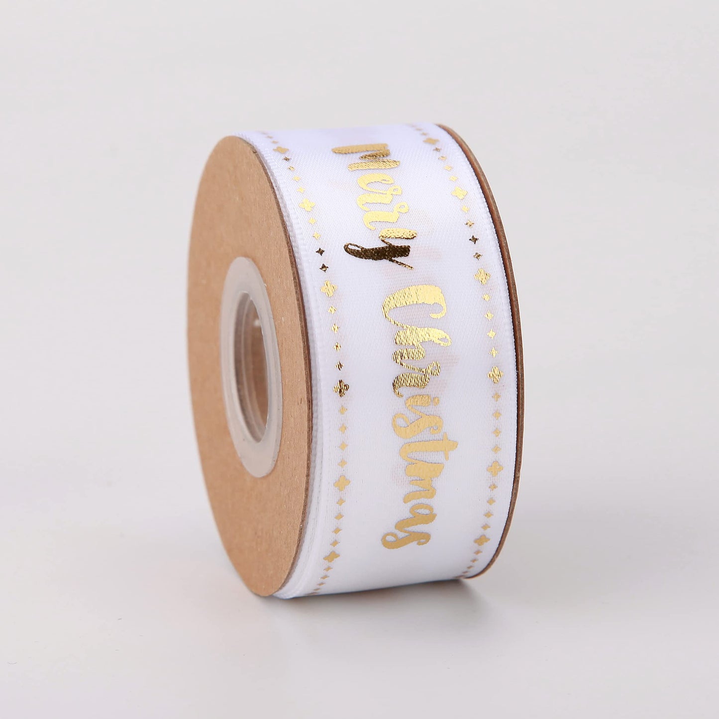 Meseey Merry Christmas Ribbon 10 Yards 1Inch Wide White Satin Ribbons with Gold Printed Gift Ribbon for Craft Packing, Gift Wrapping, DIY Craft, Christmas Party Supplies