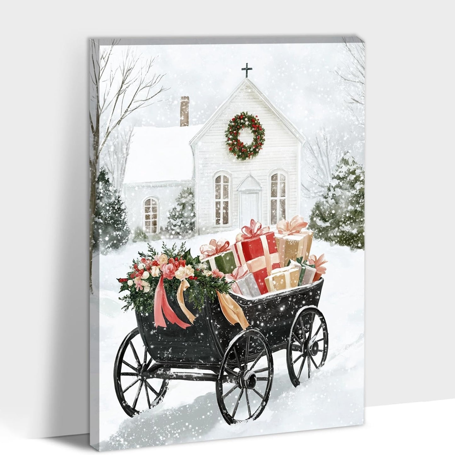 GUTTATY Christmas Canvas Wall Decor, Christmas Gift Carriage Canvas Wall Art, White Church Snowy Scene Wall Pictures, Minimalist Xmas Canvas Artworks for Living Room, Bedroom 18x24 Inch
