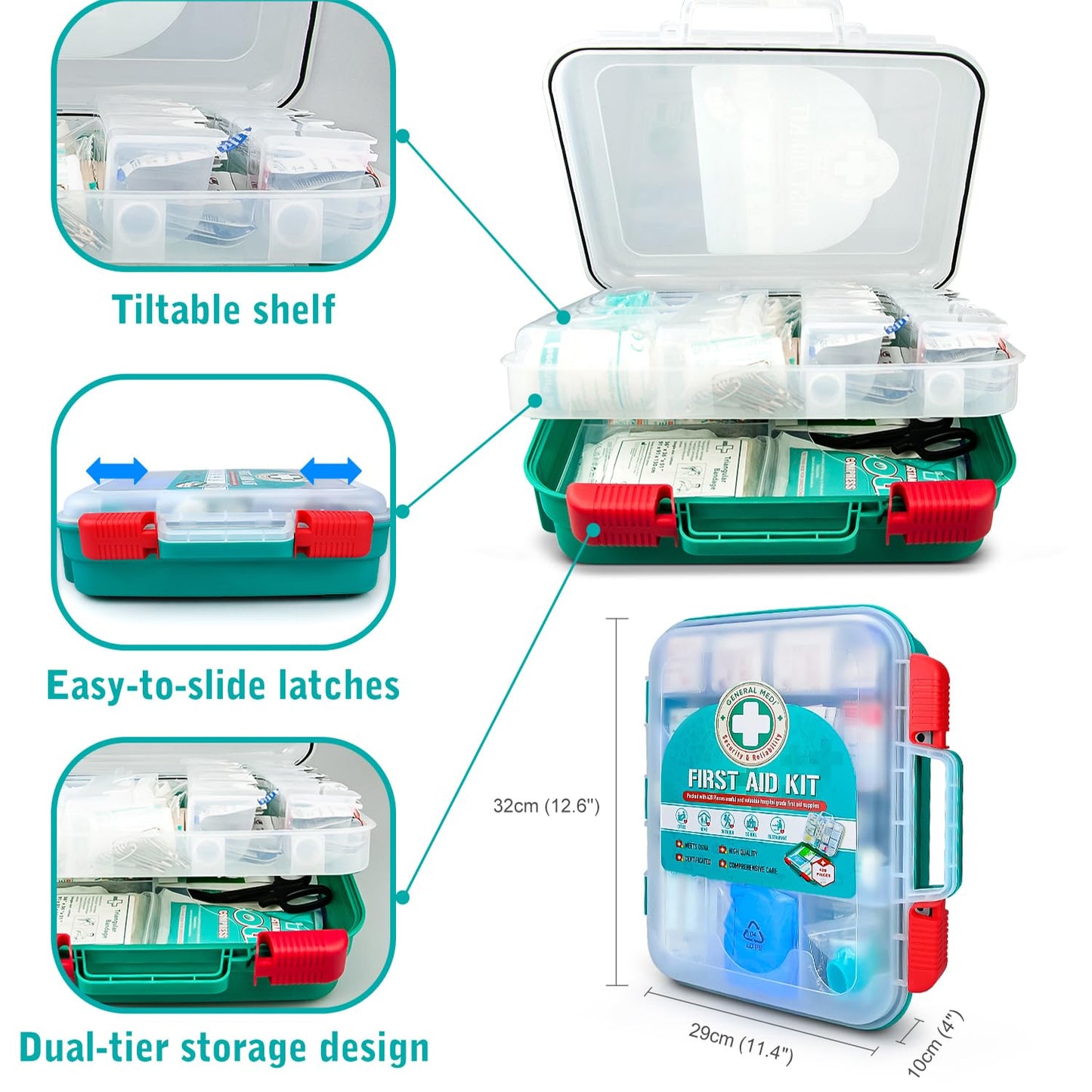 General Medi 420 Pieces Professional First Aid Kit - HardCase First Aid Box - Contains Premium Medical Supplies for Travel, Home, Office, Vehicle, Camping, Workplace & Outdoor