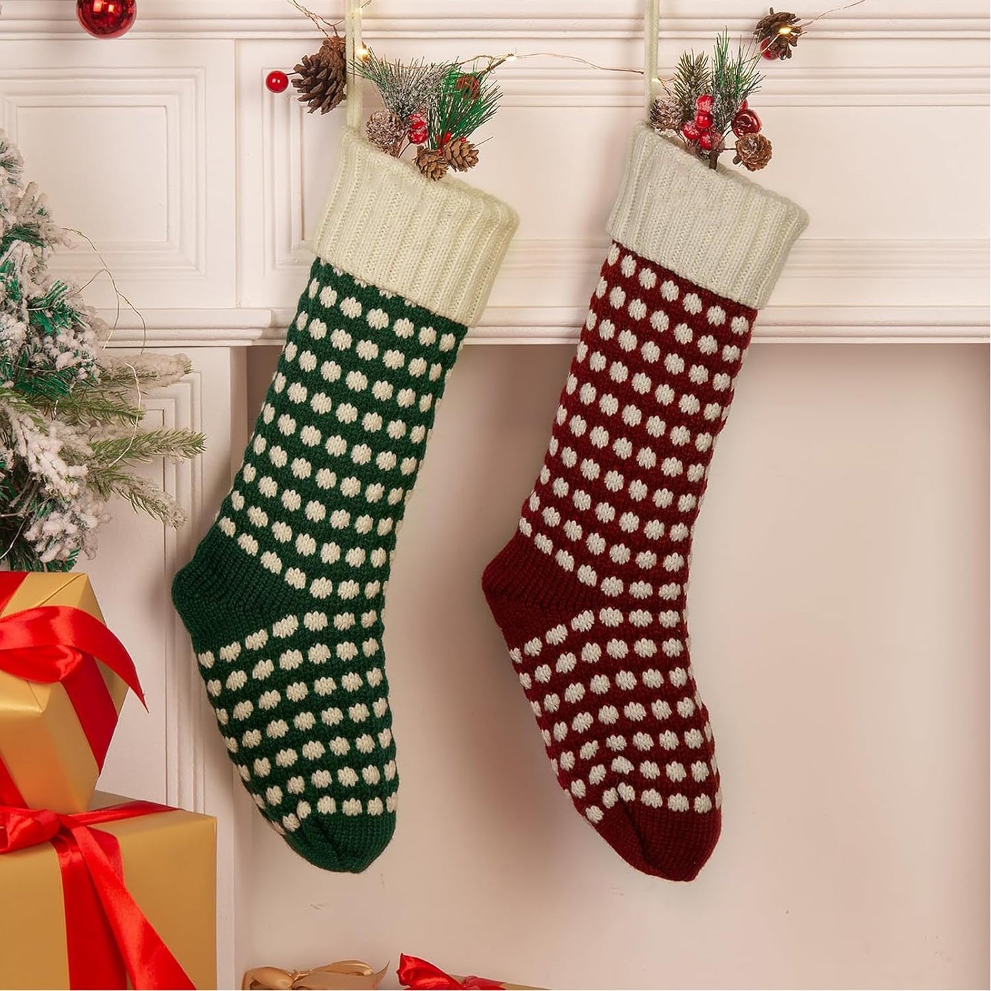 Guojanfon Christmas Stockings ，18" Unique Burgundy and Green Knit Christmas Stockings Dots Style (Length 18",Pack 2)