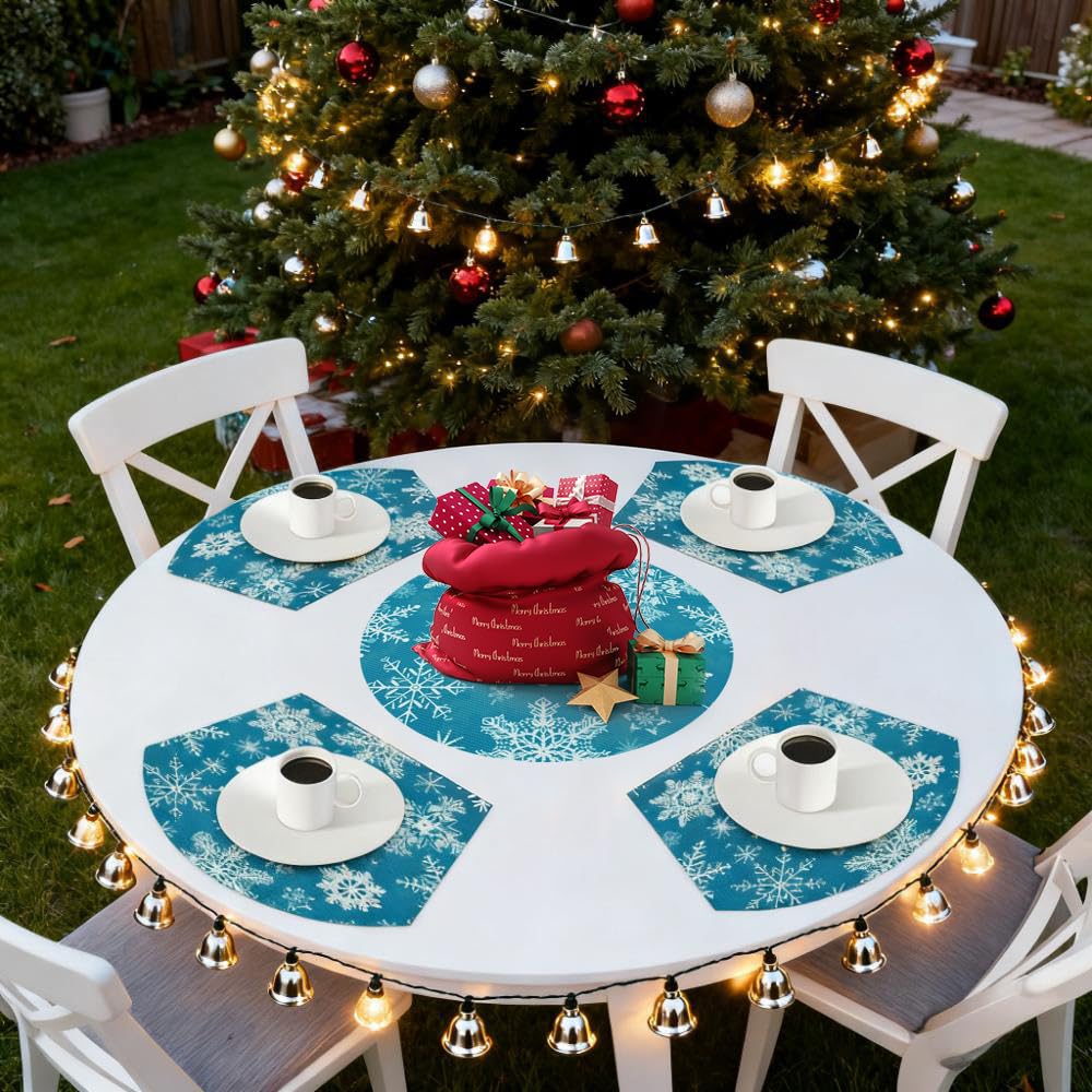 Christmas Placemats Set of 4 Winter Snowflake Wedge Placemat Round Christmas Placemats with Centerpiece Washable Heat Resistant Holiday Place Mat Table Mats for Dining Table Decor