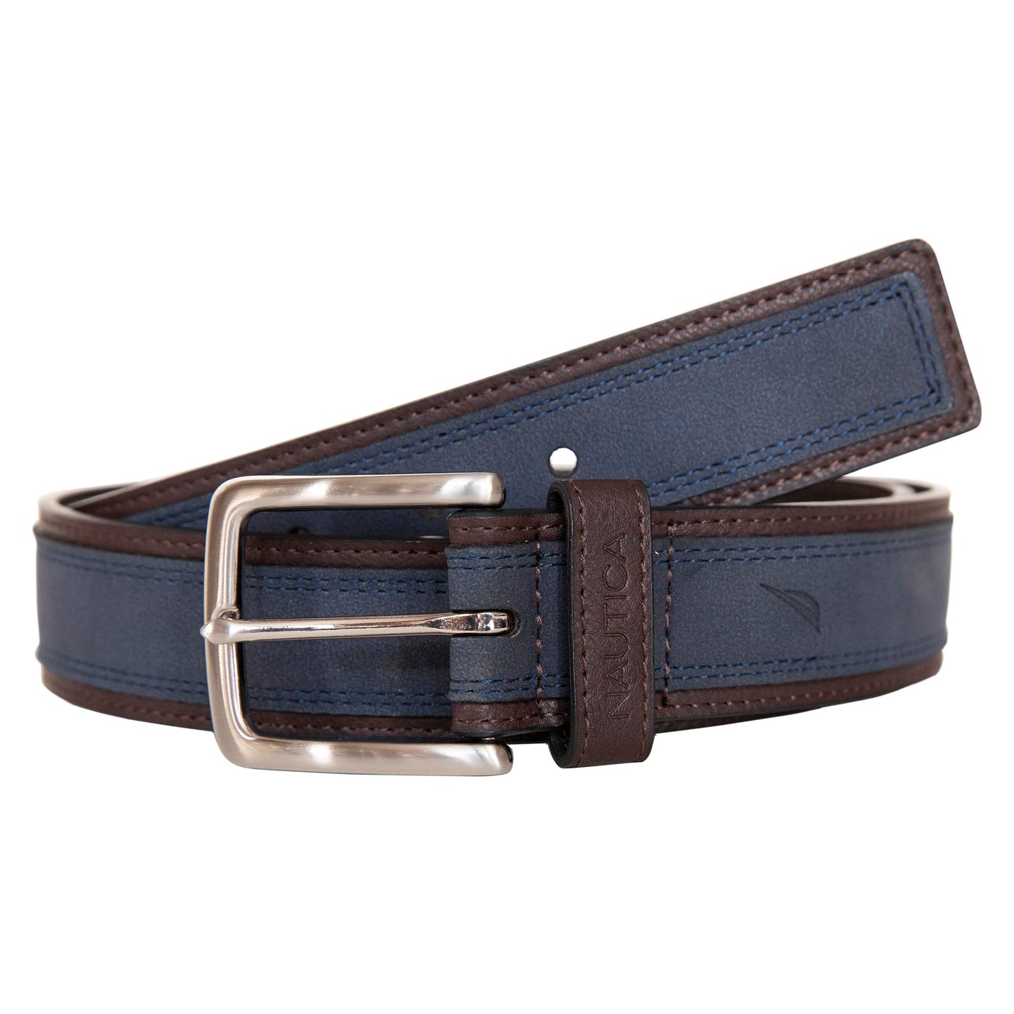 Nautica Men's Casual Leather Belt | Everyday | Classic | Pants | Jeans | Khakis | Chinos | Metal Buckle, Casual Overlay - Navy, 44 Inches