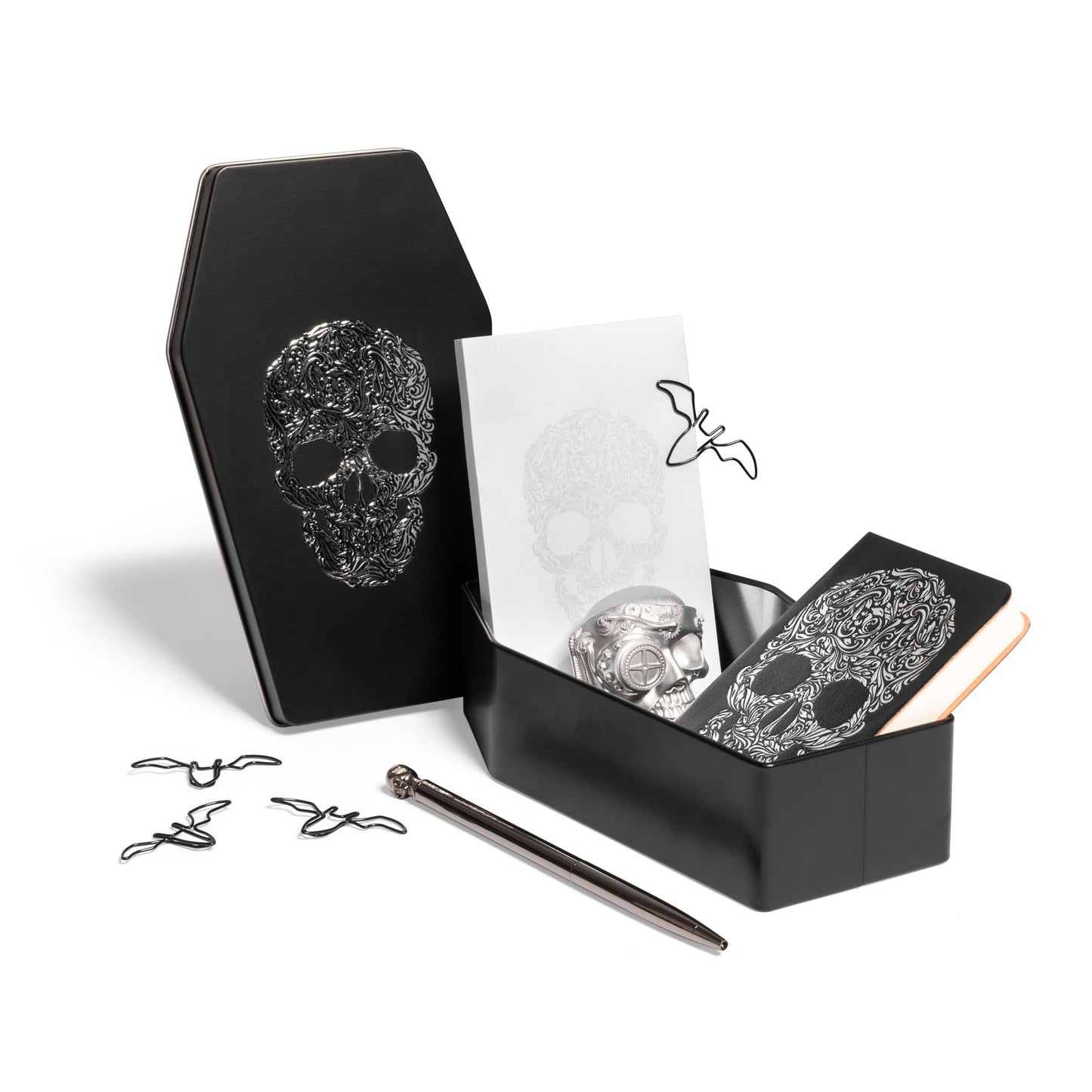 Death Decor Gothic Stationery Gift Set – Journal Notebook, Sticky Notes, Bat Paper Clips & Skull Magnet – Dark Aesthetic Writing Journal for Office, School, Halloween & Gifts