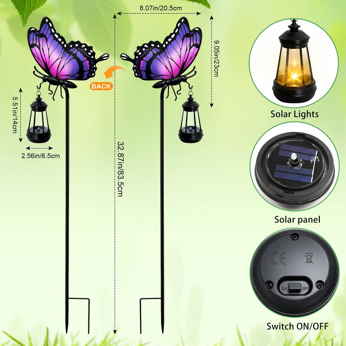 Solar Lights Outdoor Butterfly Garden Decor, 32.9in Purple Butterfly Garden Stakes with Solar Lights, Waterproof Metal Decorative for Yard Art Outside Patio Porch Lawn, Birthday Gifts for Women Mom