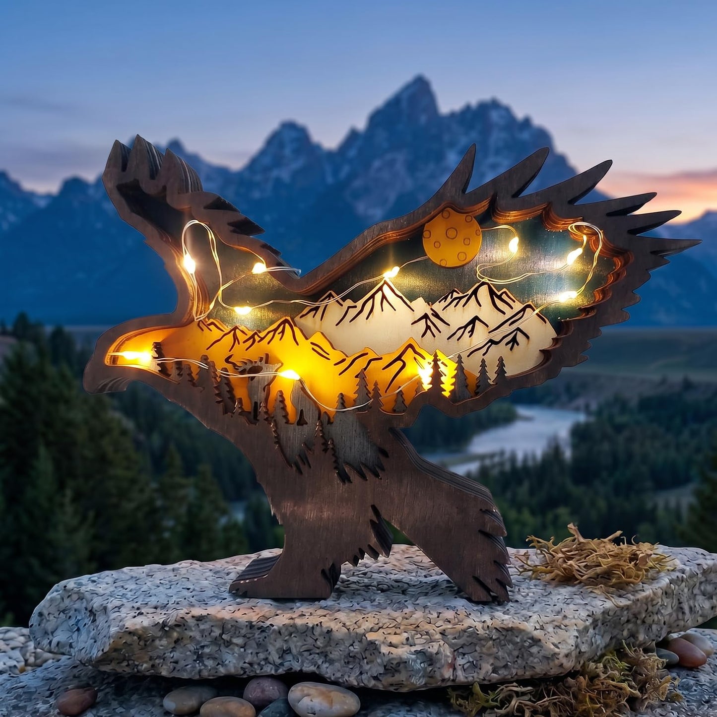 Drawelry 3D Wood Carving Animals Lamp Home Decorative, Cute Bear Family Elephant Presents Ideas Christmas Living Room Office Decor Warm LED Night Lights Gift for Friend Daughter Son Mom Dad (Eagle)