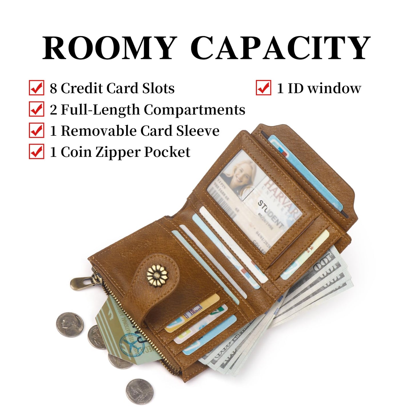 Blucoay Wallet Women,RFID Blocking Womens Wallet,Microfiber Leather Compact Bifold Card Holder Wallet With Removable ID Window(brown)