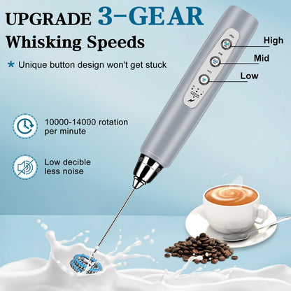 Milk Frother Handheld for Coffee, Electric Whisk 3 Speed Adjustable, Drink Mixer with Stainless 3 Whisks, Rechargeable Hand Frother Wand, Foam Maker for Latte Cappuccino Matcha Egg Silver