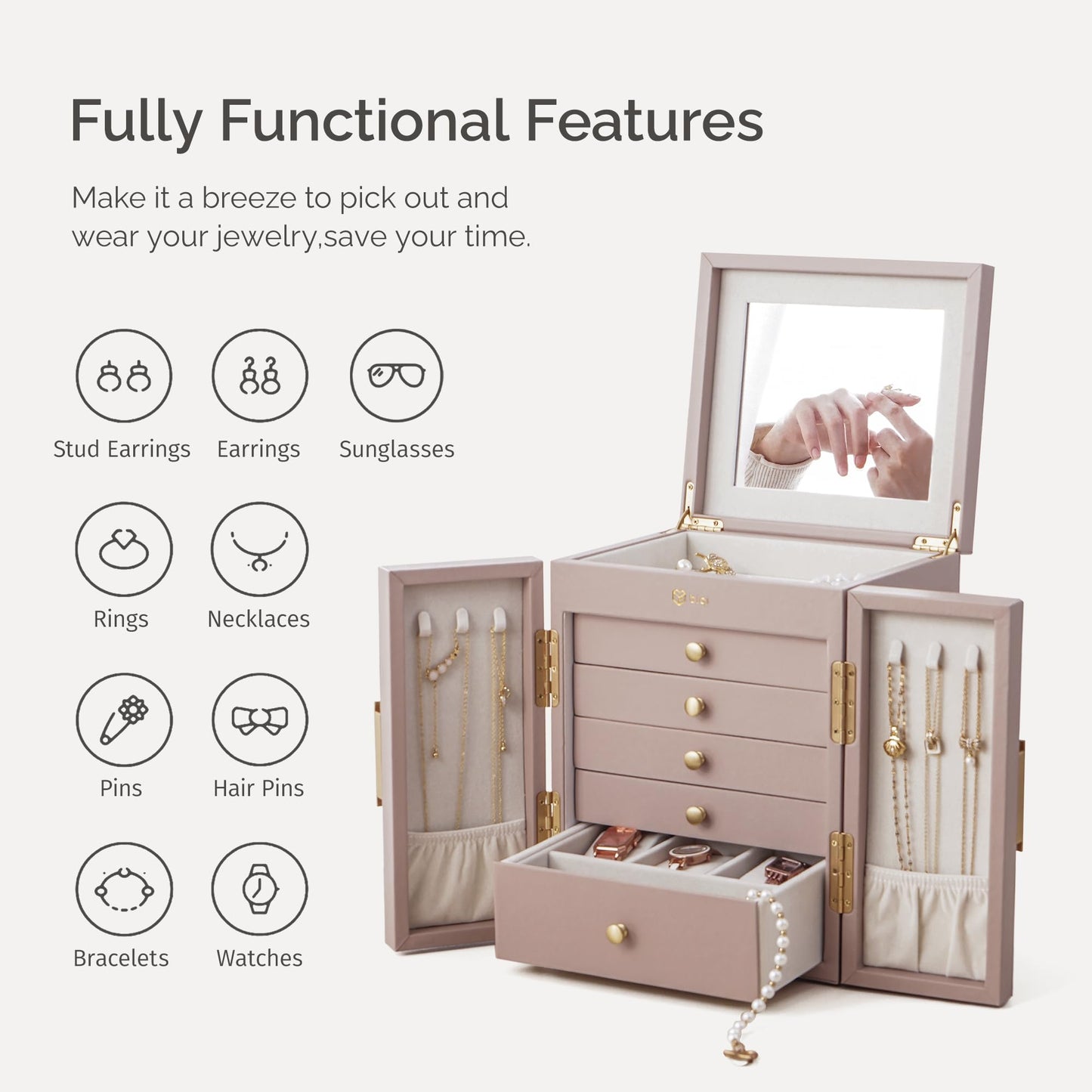 BIQI MUSSE Jewelry Box for Women, 6-Tier Jewelry Organizer Box with Mirror, 5 Drawers Jewelry Storage Case for Ring Necklace Earring Bracelet, Light Taupe