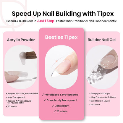 Beetles Tipex Gel Nail Kit, Medium Almond Nail Tips 224 Pcs 16 Sizes Pre-Building Pre-Etched Thick Acrylic Tips with Tipex Glue, Mini Lamp