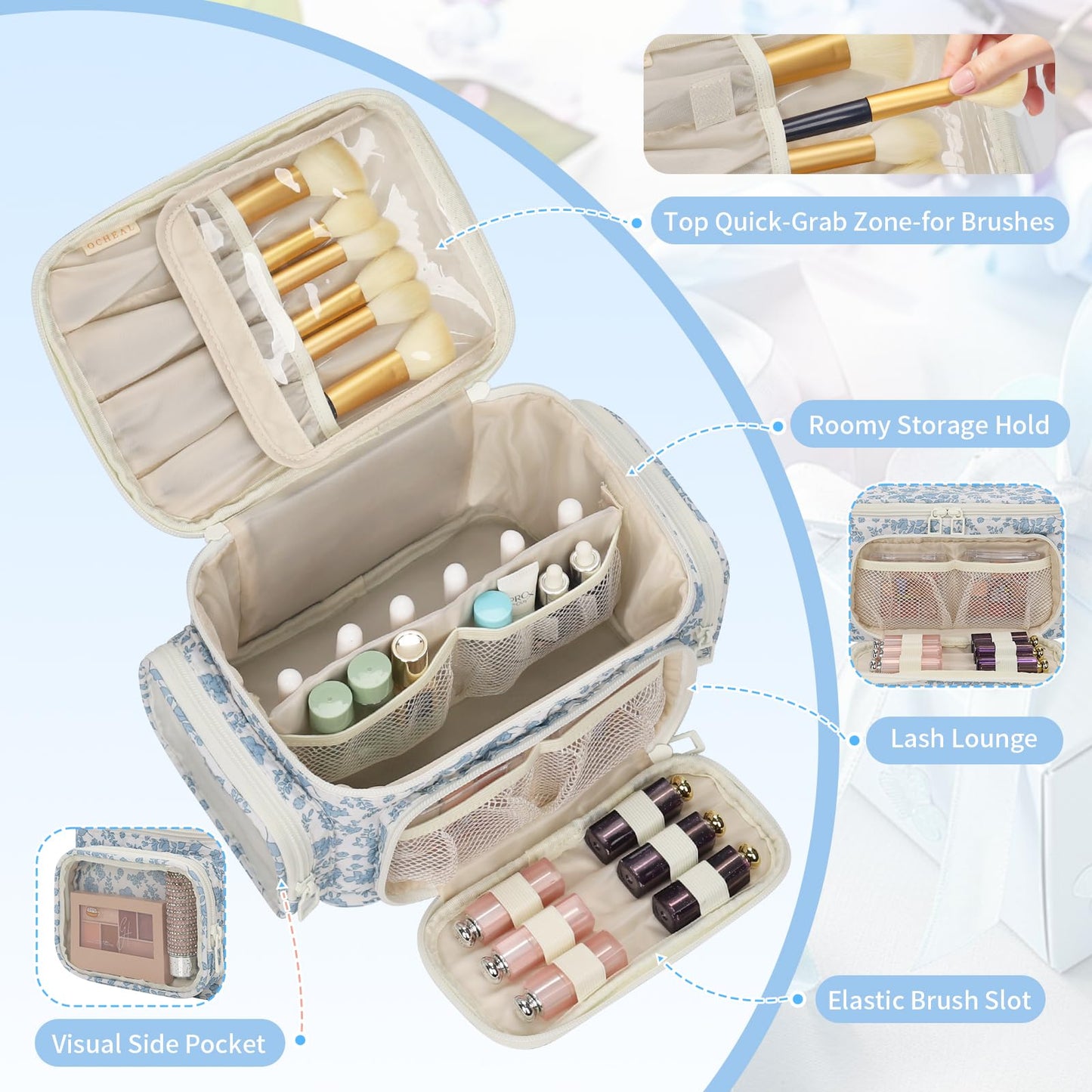 Makeup Bag with Multi-Pockets,Travel Cosmetic Bag with 2 Transparent Side Pockets for Easy Small Item Finding, Enlarged Internal Compartments, Large Capacity Waterproof Bottom Makeup Organizer -Floral