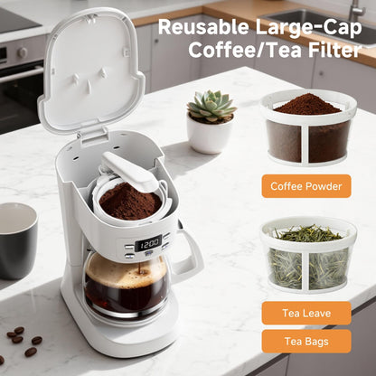 Coffee Maker, 5 Cup Drip Coffee Machine with Glass Carafe, 20 Hours Programmable Timer, 2 Hours Keep Warm, Compatible with Ground&Tea – Portable Small Cafetera for Home, Office, Travel&Camping-White
