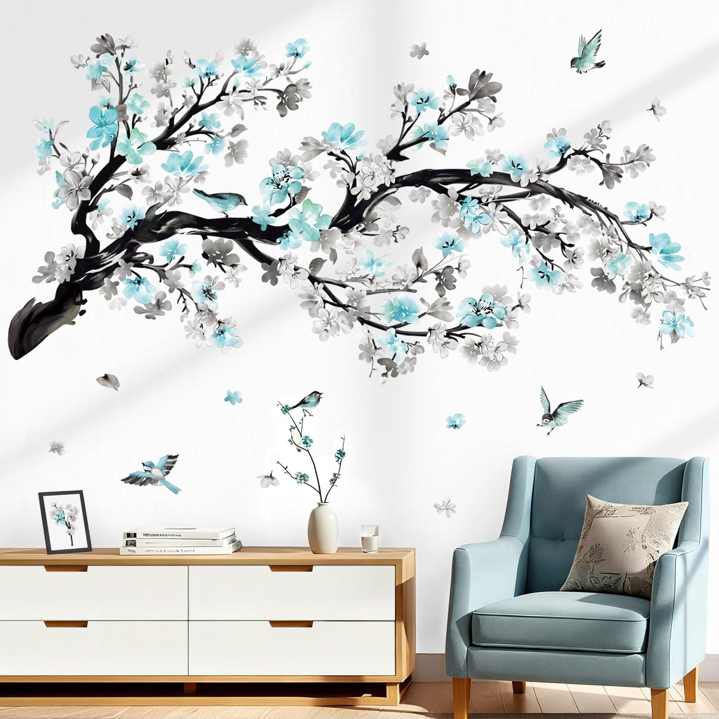 wondever Watercolor Blue Flower Branch Wall Stickers Blossom Tree Floral Birds Peel and Stick Wall Art Decals for Living Room Bedroom Sofa Background