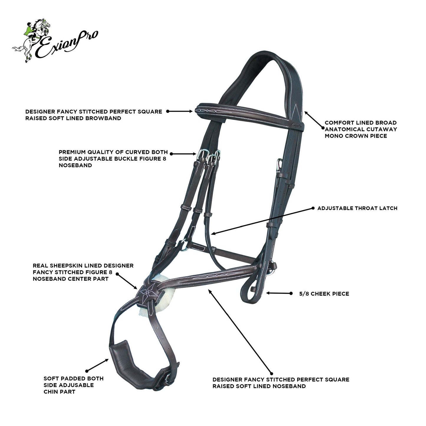 Exion Figure 8 English Jumping Bridle with Soft Padding & Rubber Reins | Anatomical Mono Crown | Grackle Noseband Mexican Bridle with Brass Buckles | Premium Horse Bridle for Jumping & Eventing