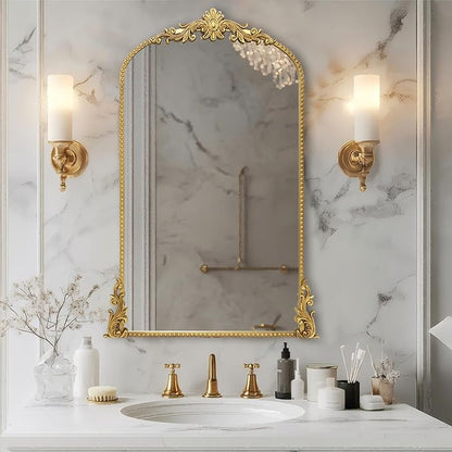 Growsun Vintage Gold Arched Mirror, 24’’x42’’ Antique Baroque Ornate Wall Mirror Decor with Full Metal Frame for Fireplace/Entryway/Living Room/Bathroom