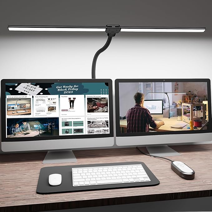 ShineTech LED Desk Lamp for Home Office, 5000K Bright Double Head Architect Task Lamps with Clamp, Dimmable Adjustable Flexible Gooseneck, Black