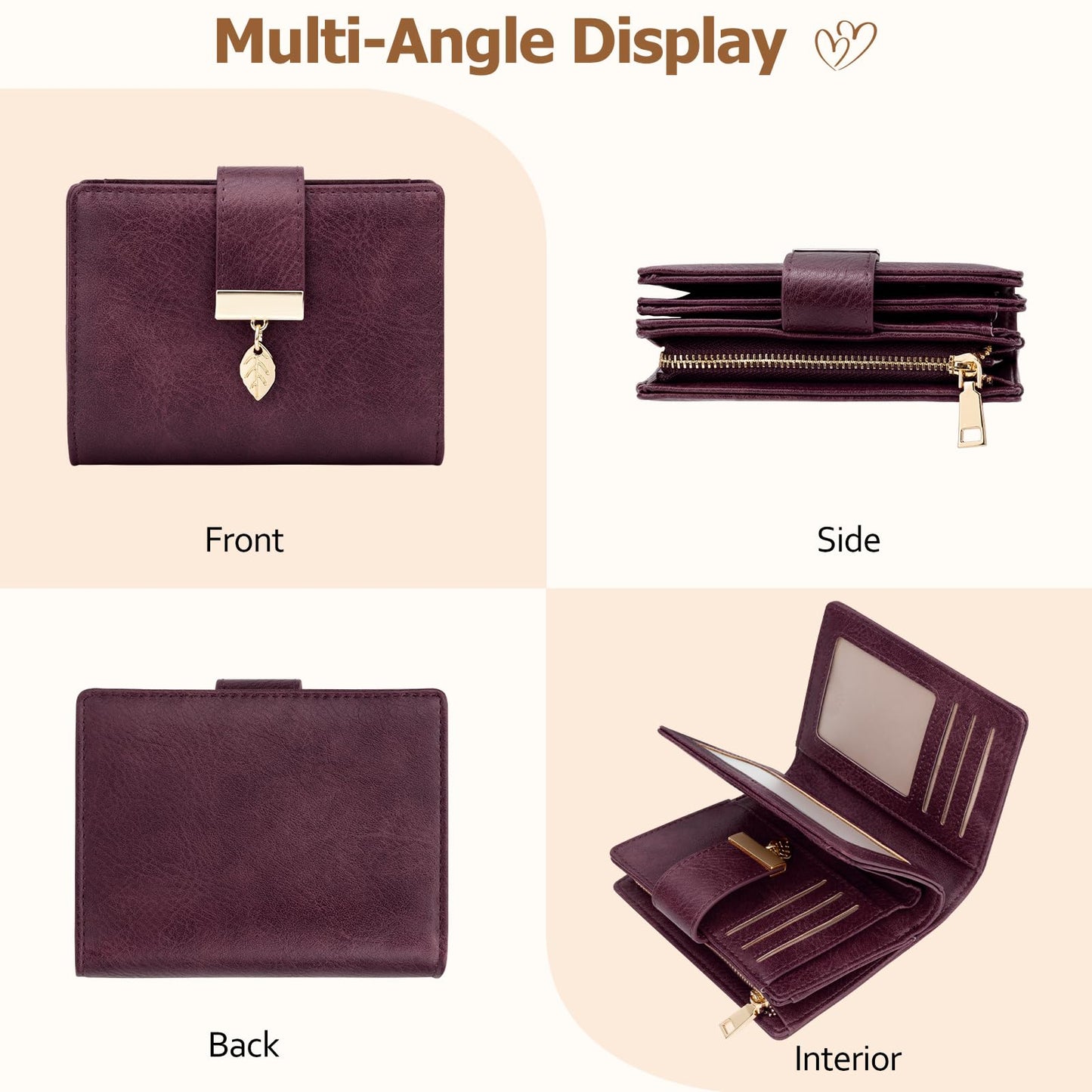 HUANLANG Small Wallets for Women Rfid Blocking Leather Bifold Credit Card Holder Ladies Wallet Zipper Pocket with ID Window