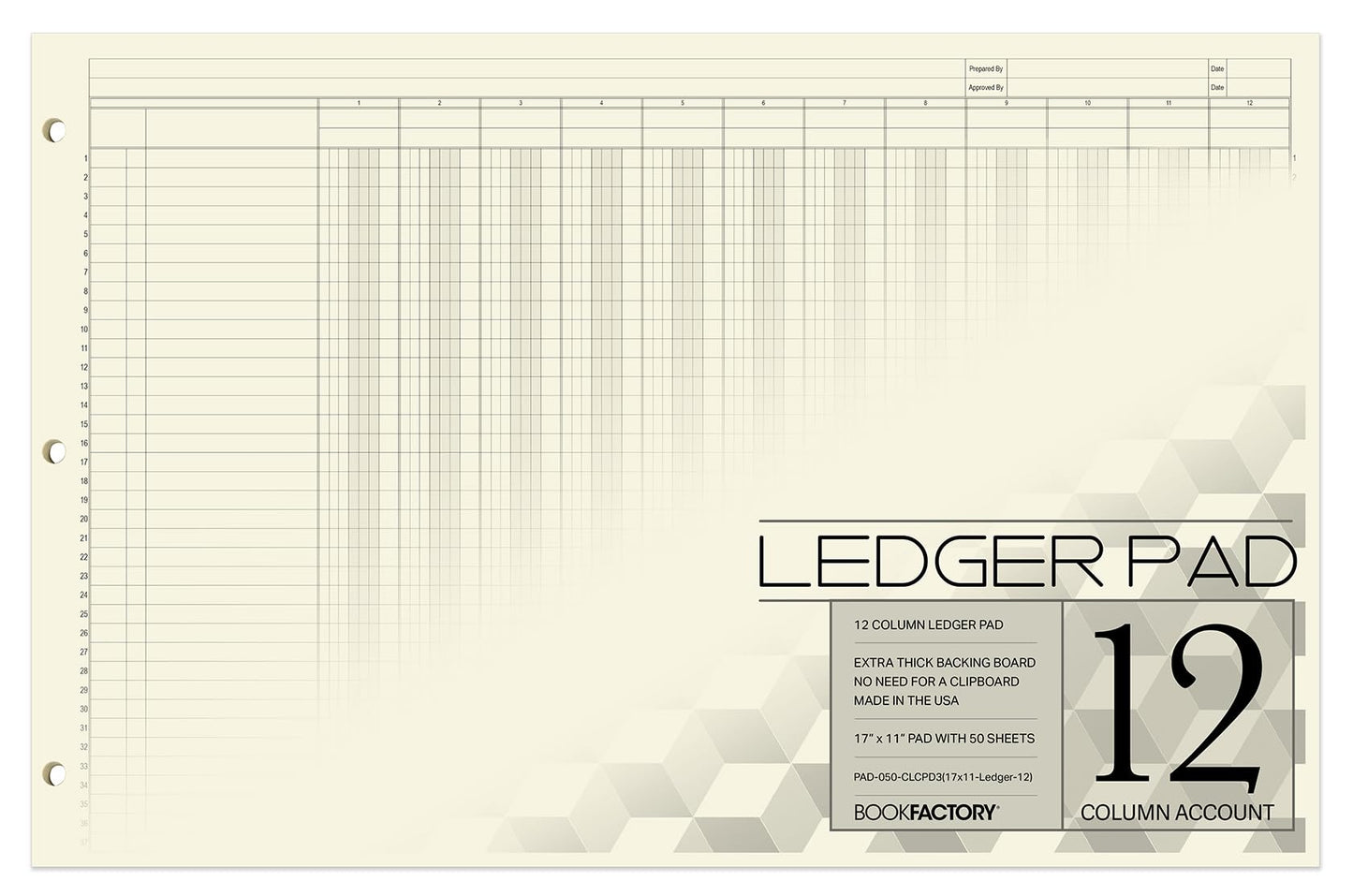 BookFactory Ledger Pad/Large 12 Column Accounting Ledger Columnar (Twelve Columns) Pads - 17'' x 11'', 50 Pages, Notepad Landscape Format (Made in USA)