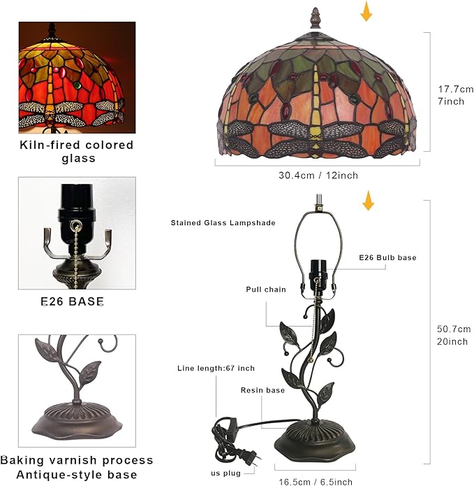 Tiffany Style Table Lamp Handmade Stained Glass Bedside Lamp 12x12x20 inch Metal Leaf Base,Art Glass Lamp for Living Room, Bedroom, Office Decor(Yellow Dragonfly)