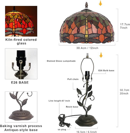 Tiffany Style Table Lamp Handmade Stained Glass Bedside Lamp 12x12x20 inch Metal Leaf Base,Art Glass Lamp for Living Room, Bedroom, Office Decor(Yellow Dragonfly)