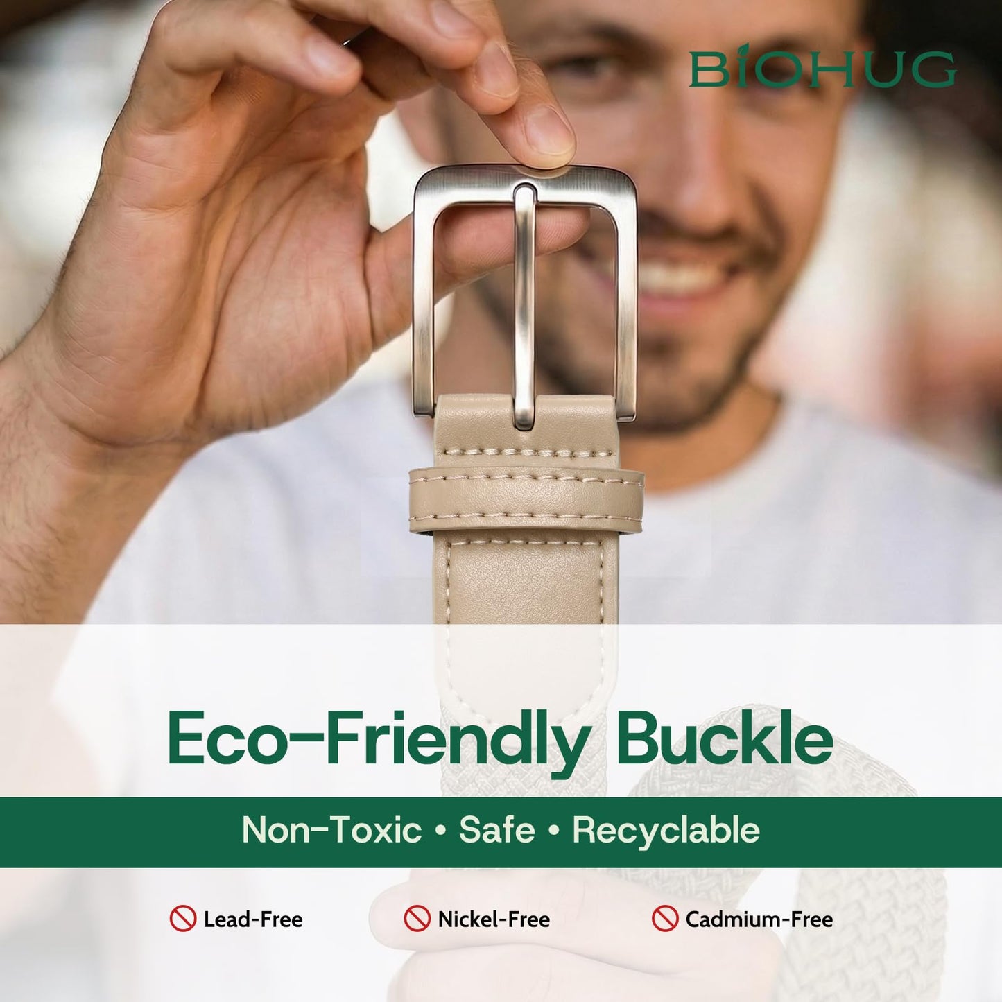 BIOHUG Men's Elastic Braided Belt Eco-Friendly Recycled Fabric Stretch Woven Belt for Jeans Pants,Golf Casual Wear 1.34" Width Khaki