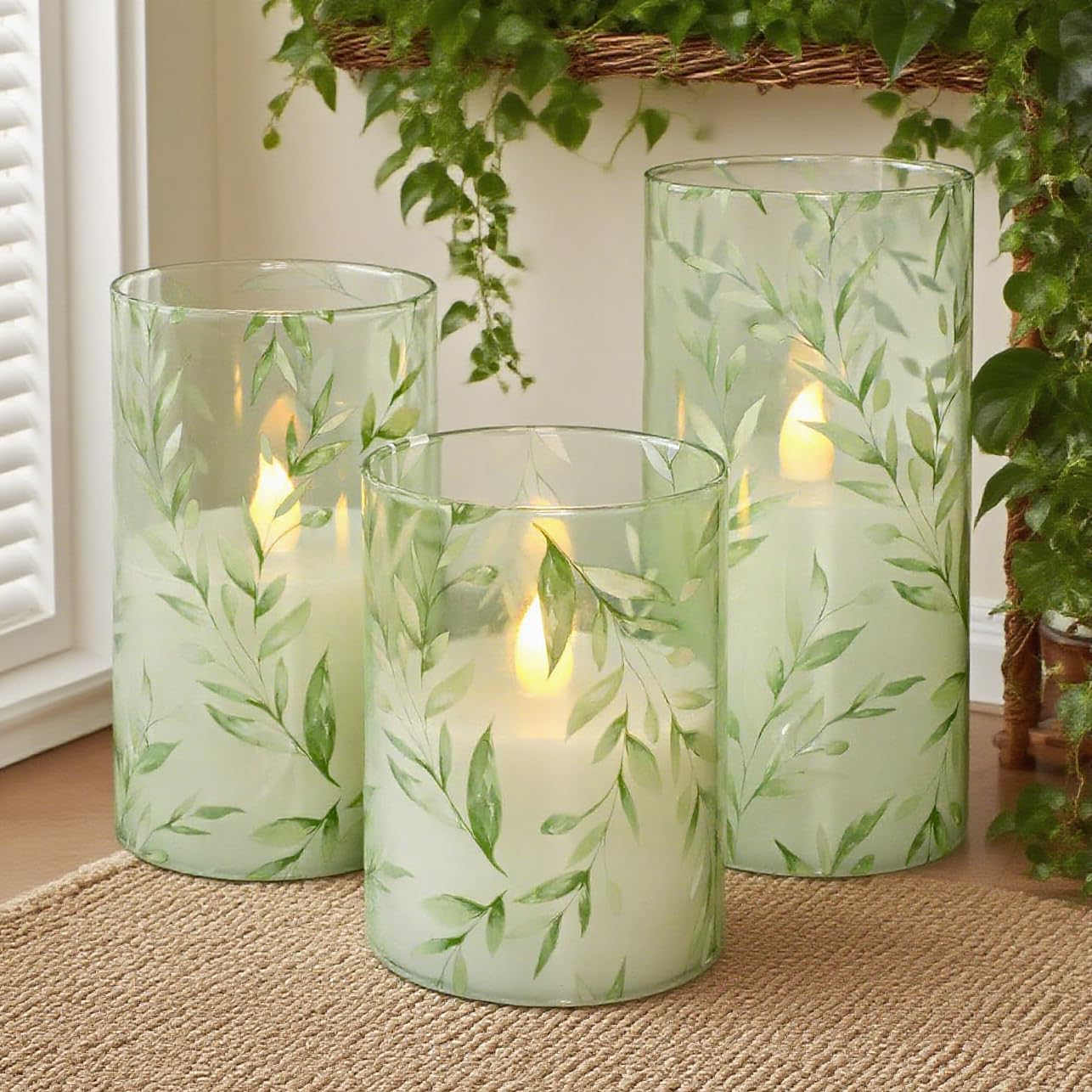 GORGE MOMENT Green Flameless Candles with Remote Willow Leaf Design Battery Operated Candles - Elegant Home Christmas Summer Decor Set of 3
