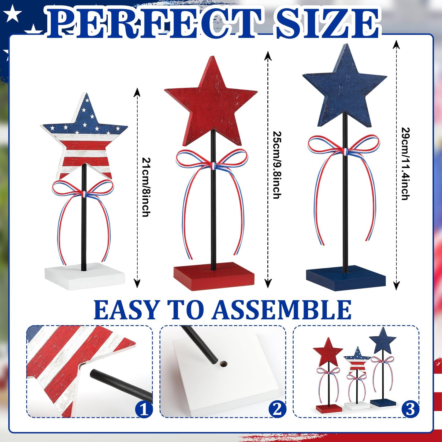 4th of July Tiered Tray Decor Wooden Star Set, 3 Pcs Memorial Day Table Decorations, Rustic Patriotic Tabletop Home Decor, Red White and Blue Decorations for Home (Retro)