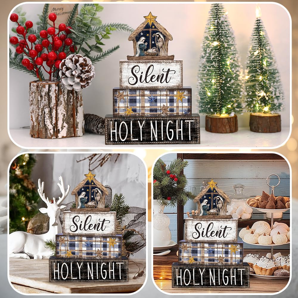 DIYDEC 4Pcs Christmas Table Decoration Christmas Jesus Wooden Block Sign Xmas Tiered Tray Decor Winter Centerpiece Decorative Sign for Holiday Tabletop Coffee Fireplace Shelf Desk Party Decor