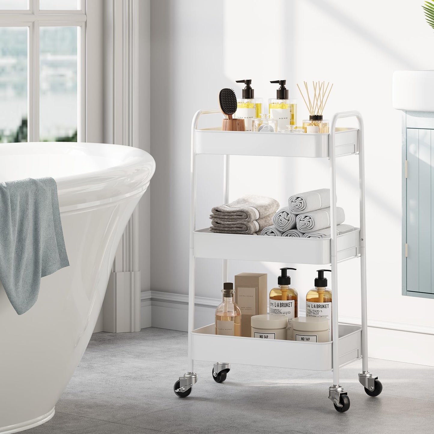 TOOLF 3-Tier Rolling Cart - Metal Utility Storage Organizer with Lockable Wheels, 33 lbs Per Shelf, Tool-Free 5-Min Assembly, for Kitchen Bathroom Office Nursery Craft Room, White