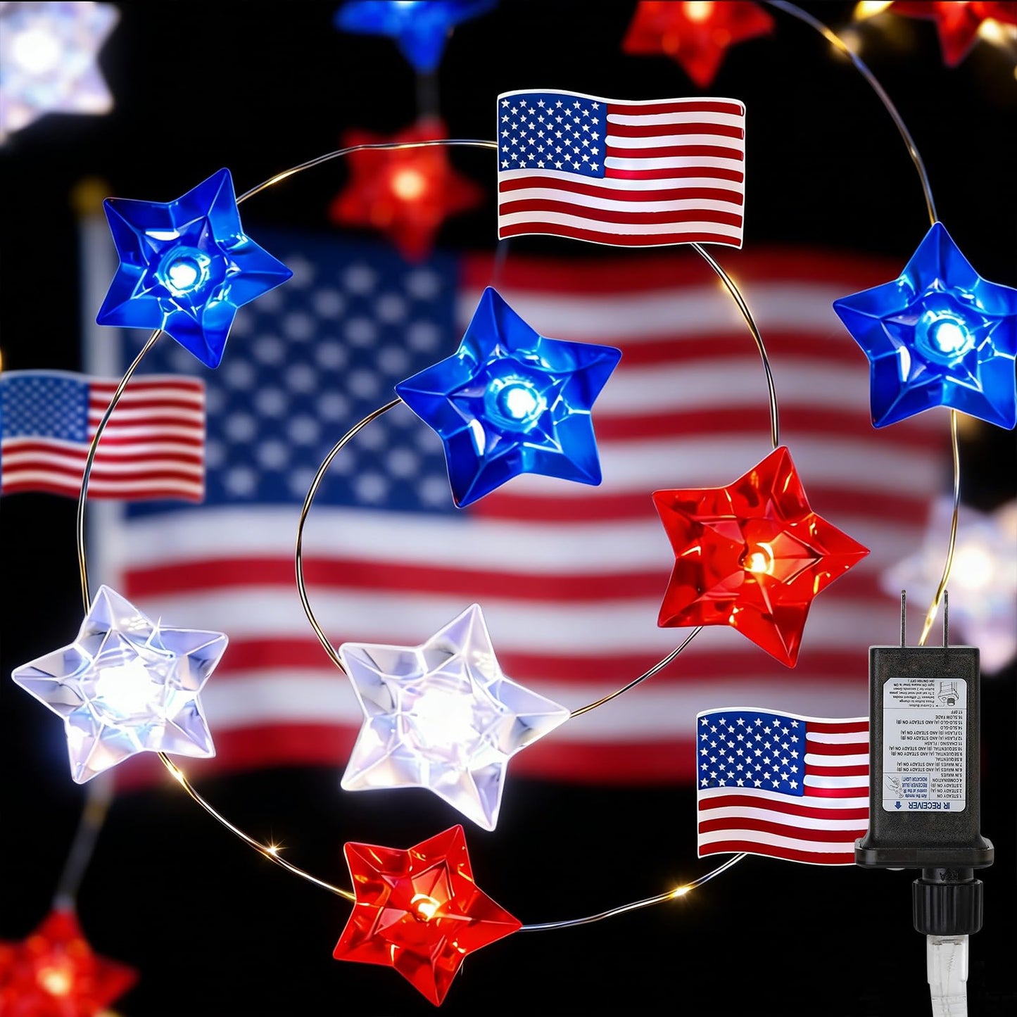 TWINGLEHOME 100LED Patriotic Star Lights with Copper Wire, Waterproof Adaptor and American Flag, Multifunctional Lighting Modes (Red, Cool White, Blue), Plug-in for Indoor Holiday, Nation Day