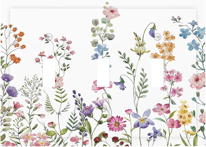 Rustic Wild Floral Vintage Watercolor Flower 3 Gang Wall Plates Decorative Triple Toggle Light Switch Cover Electrical Switchplate Unused Decorate Faceplate for Bathroom Home