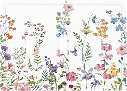 Rustic Wild Floral Vintage Watercolor Flower 3 Gang Wall Plates Decorative Triple Toggle Light Switch Cover Electrical Switchplate Unused Decorate Faceplate for Bathroom Home