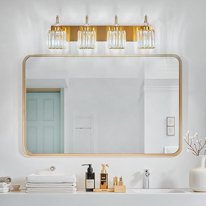Crystal Vanity Lights Gold 4 Light Bathroom Light Fixtures Over Mirror Modern Vanity Light for Bathroom