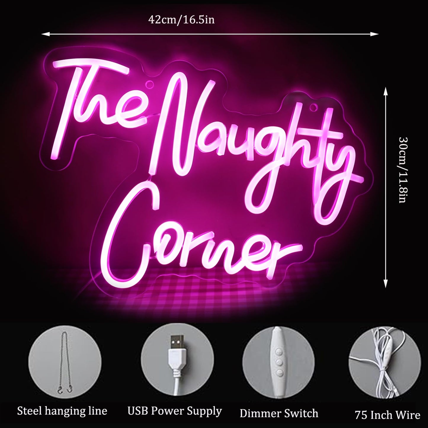 QiaoFei LED "The Naughty Corner" Neon Sign Pink Word/Letters USB Powered Neon Lights for Girls Room Home Bar Art Wall Decor Party Window Living Room Decor Birthday Christmas' Gift(Pink)