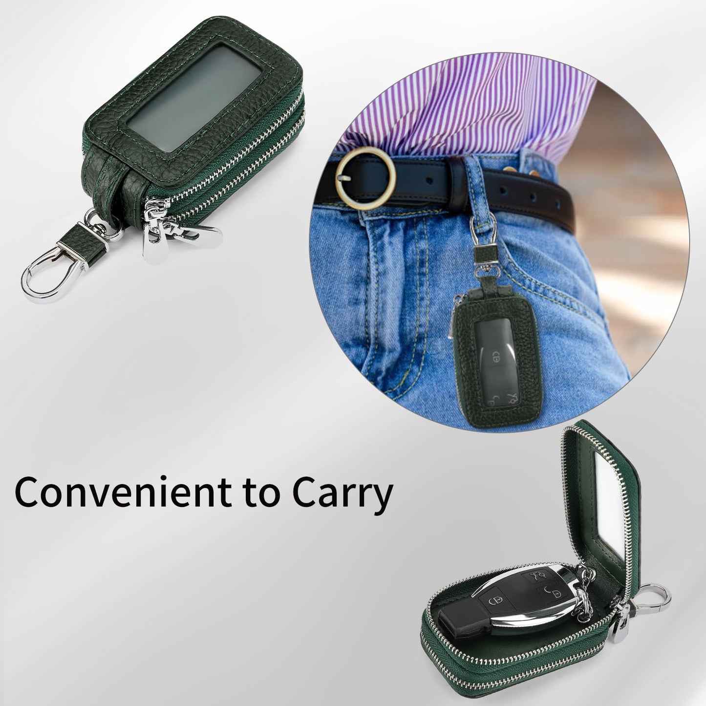 SENDEFN Car Key Fob Case Double Zipper Leather Smart Remote Keychain Protector Holder with Transparent Window