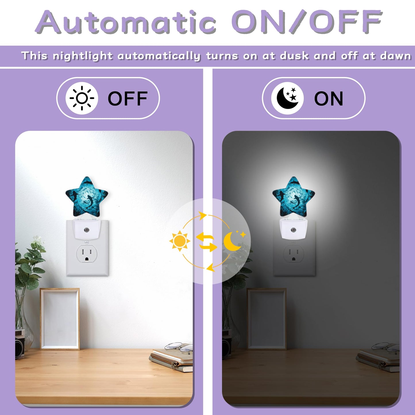 Sharks Swimming Decorative Nightlight Plug in Wall,Deep Blue Sea Star Shaped Night Light with Built in Sensor for Home Decor,Kitchen Hallway Stairs Desk Lamp